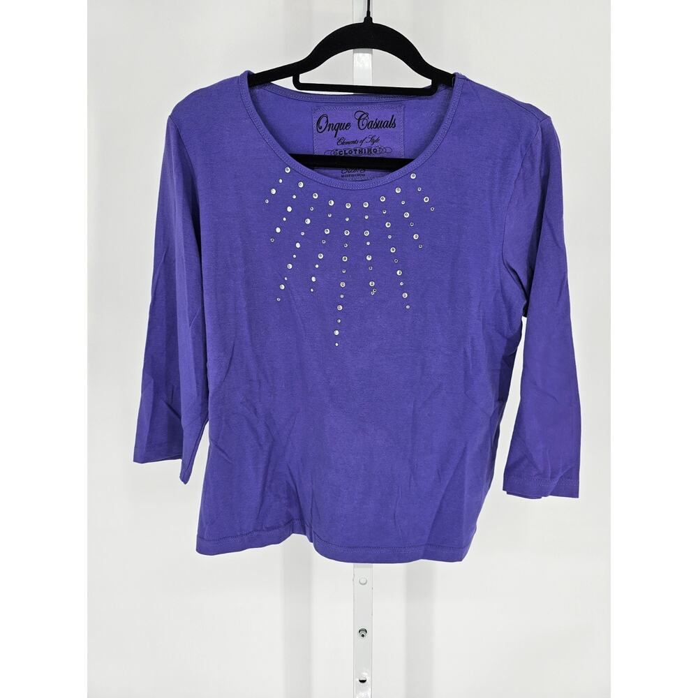 Onque Casuals Womens Sz S 3/4 Sleeve T Shirt Purple Rhinestones Embellished